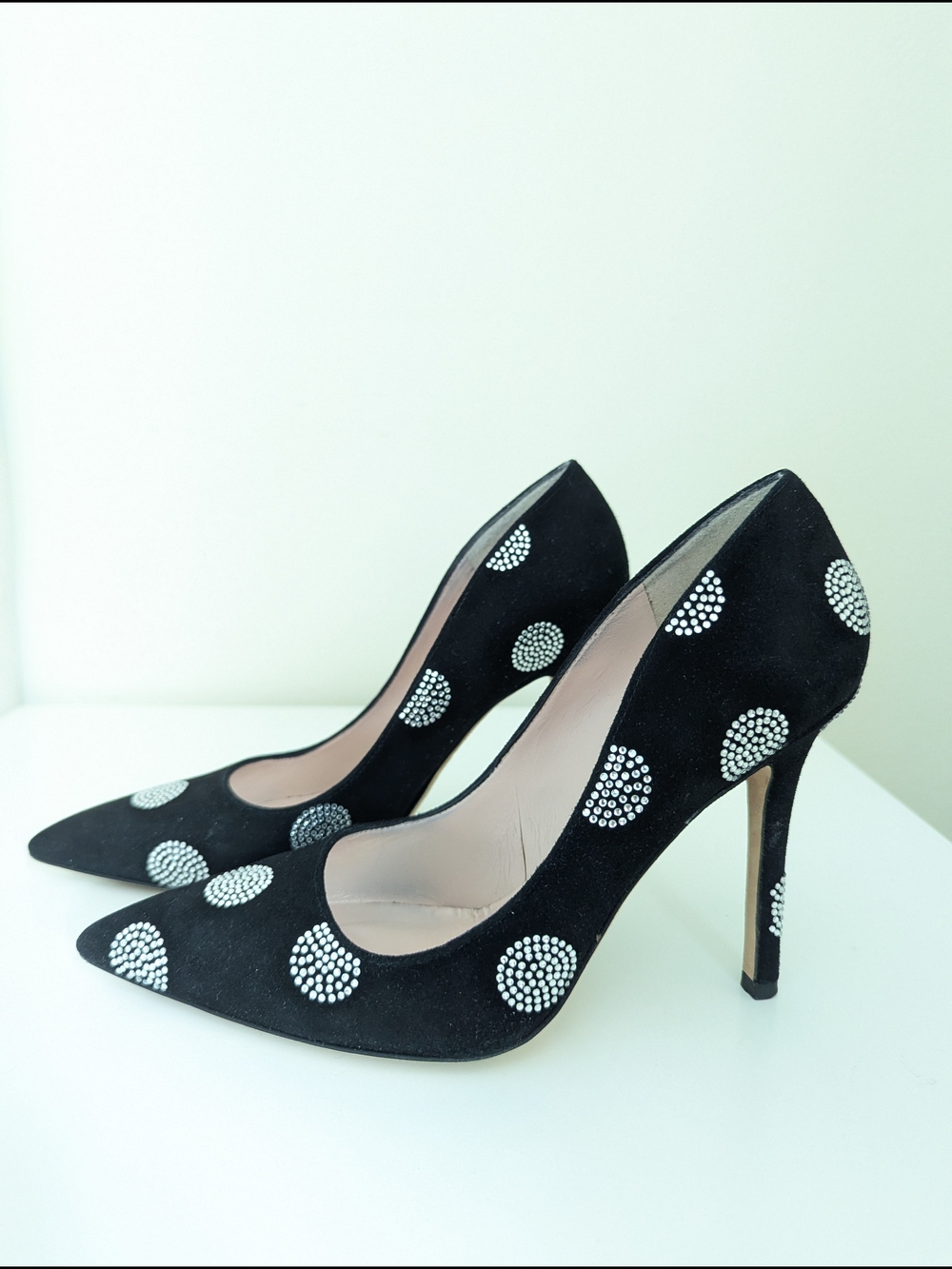 Kate Spade Black Suede Pumps Heels with Crystal Polka Dots